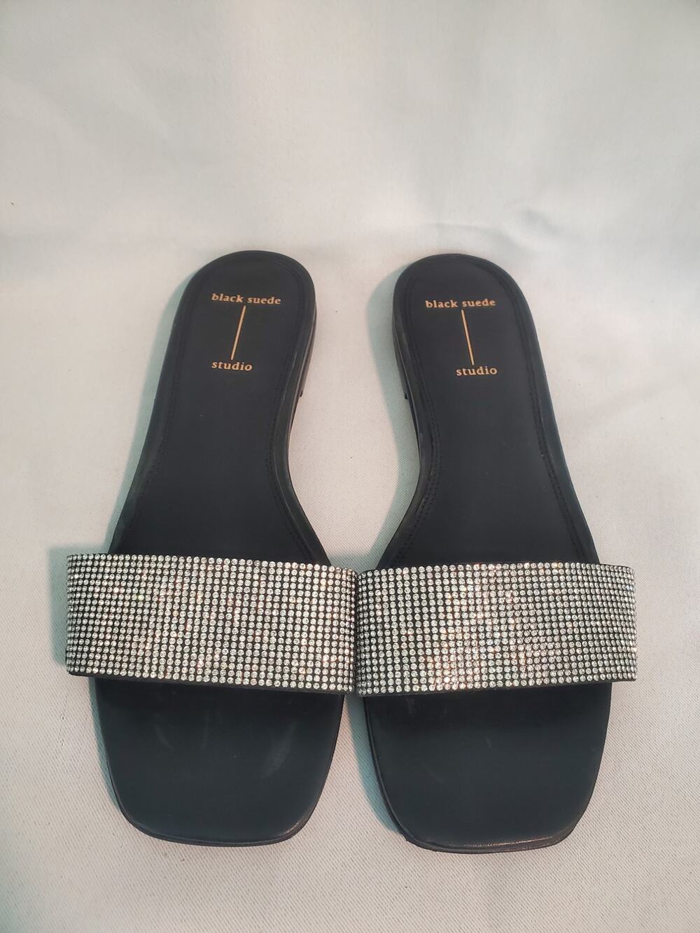 Black Suede Studio Alexandra Slide Sandal. S41